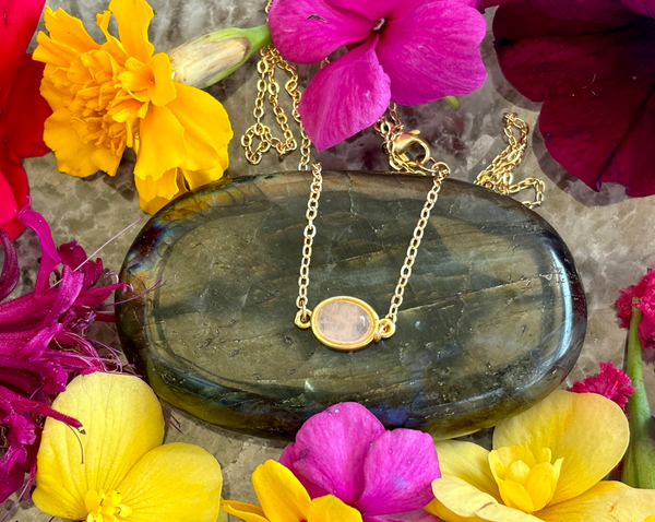 Rose Quartz Tiny Oval Hangs on 16" 14KGF Fine Gold Chain