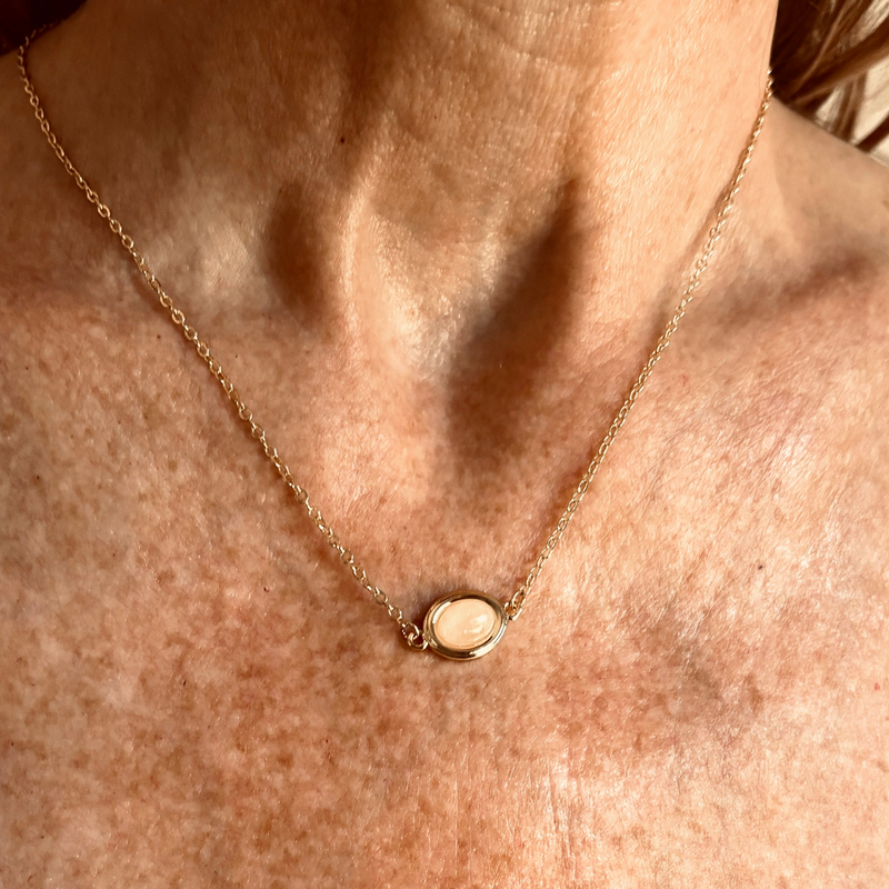 Rose Quartz Tiny Oval Hangs on 16" 14KGF Fine Gold Chain