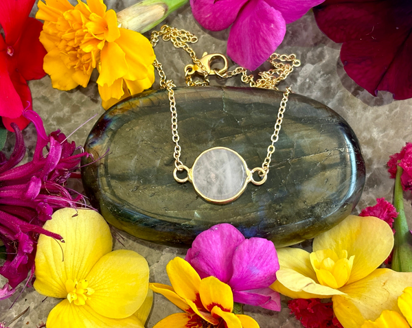 Rose Quartz Disk Hangs on 16" 14KGF Chain.