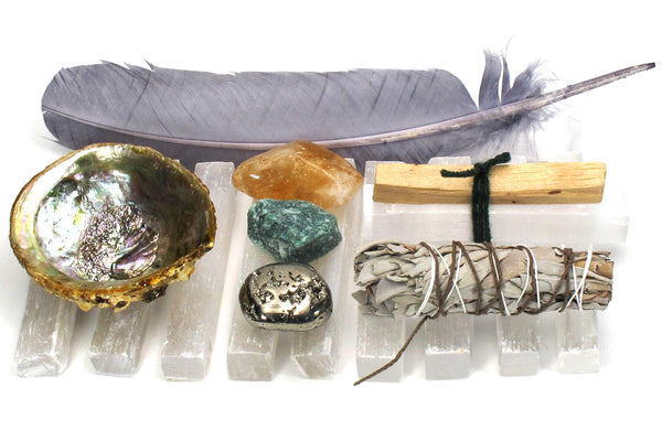 Abundance intention collection shell crystals feather smudge stick
