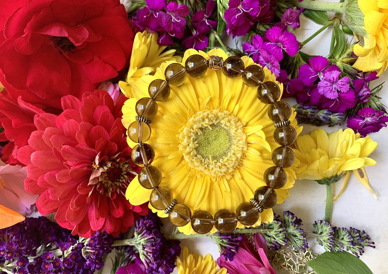 smokey brown beads on yellow flower