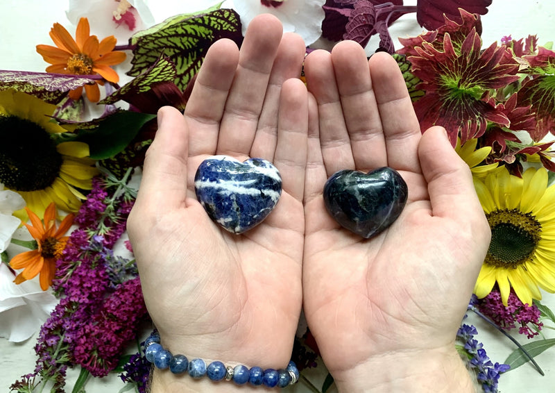 two hands holding two small sodalite stones blue and white and black