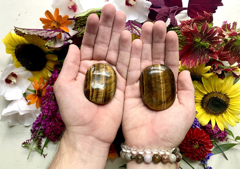 two hands holding golden yellow and brown tigers eye palm stones. 