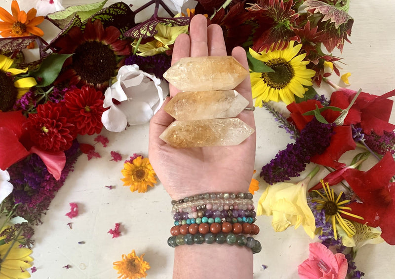 one hand holding three yellow sparkly double terminated citrine points.