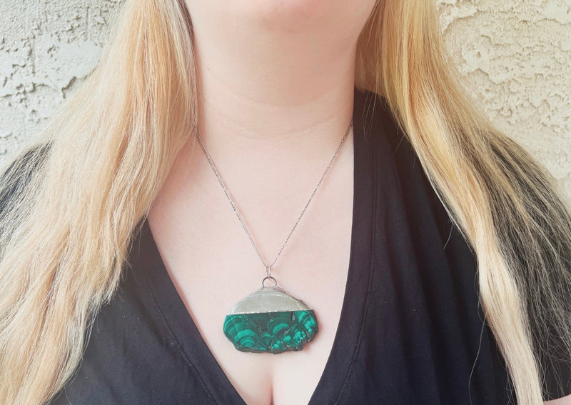 Malachite Slab Pendant Soldered on Sterling Silver Chain