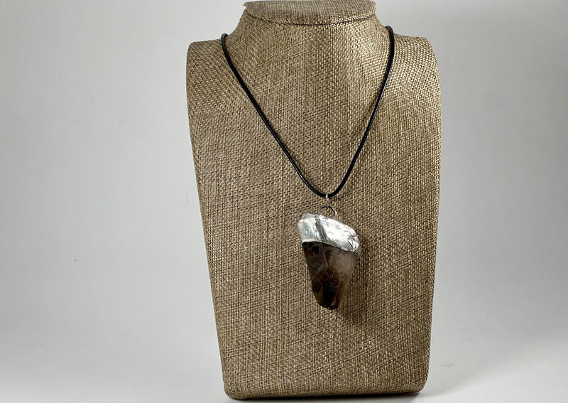 smokey quartz double points soldered to leather cord on linen cord