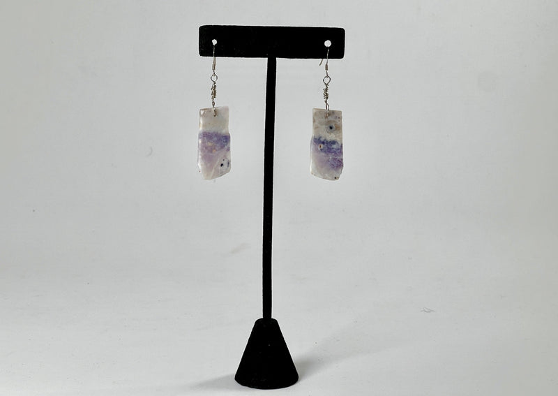 mexican opal silver wire earrings on black to stand. 