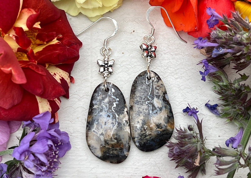 Dendritic Agate Free Form Earrings with Butterfly Detail Sterling Silver