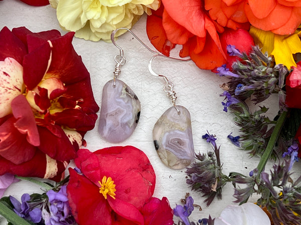Agate earrings with flowers on sterling silver wire backs. 