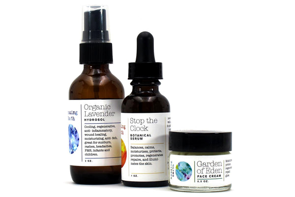 lavender face system gift set bottles with hydrosol botanical serum and face cream