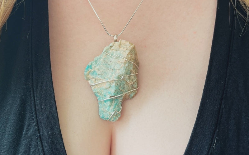 Amazonite Raw Crystal Pendant Wrapped in Sterling