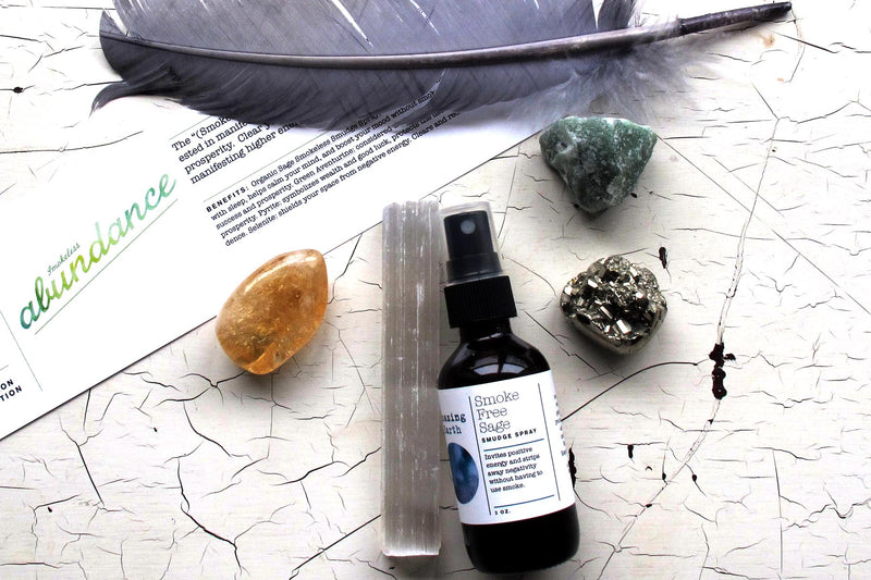 smokeless abundance intention collection crystals feather smudge spray overhead