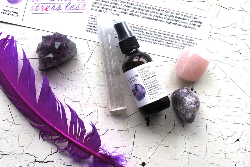 smokeless love more intention collection crystals feather lavender smudge spray overhead